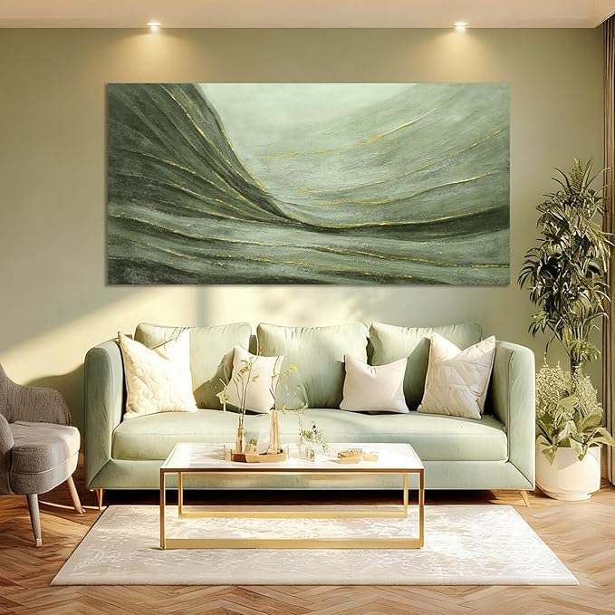 MLART99 Oversized Green and Gold Abstract Wall Art 29x58 Inch Modern Canvas Painting Minimalist Large Artwork for Living Room Bedroom Office Above Sofa Home Decoration