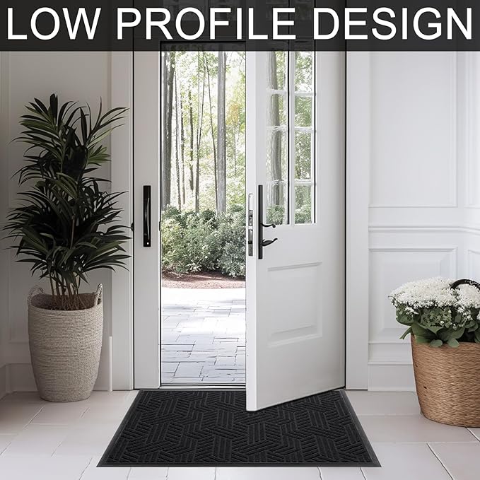 Front Door Mat 29.5"x17" Indoors Outdoors Welcome Mats, Waterproof Non-Slip Rubber Backing Heavy Duty Doormat Outside Entrance, Low Profile Entryway Rugs Floor Mat for Patio, Pattern B Black