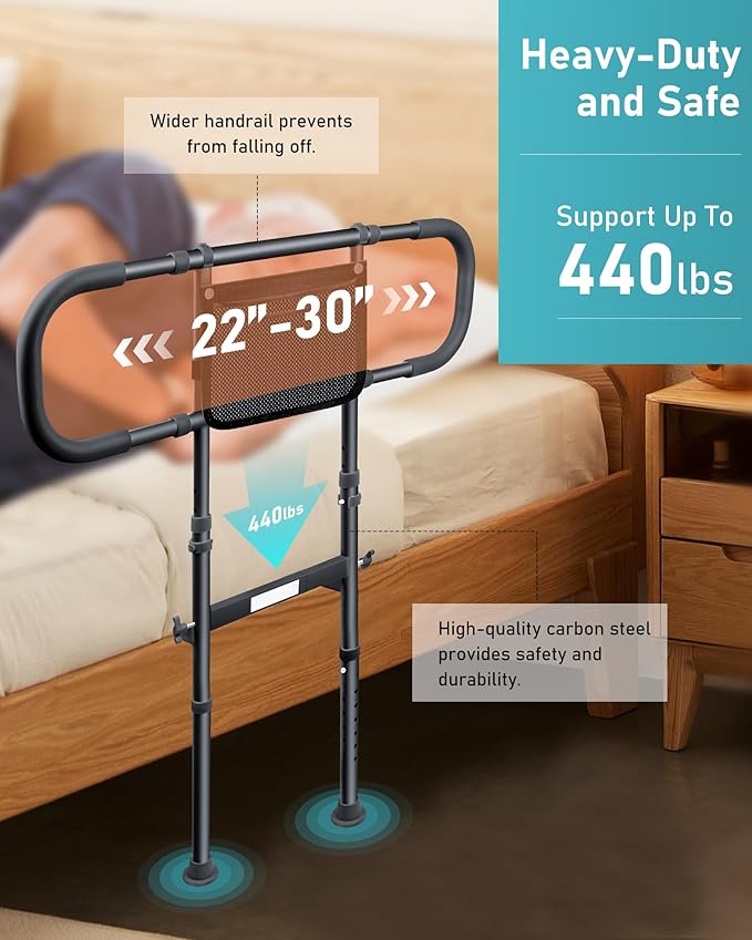 AMOVO Bed Rails for Elderly Adults Safety Bed Guard Rails for Seniors Extended Handle Bed Assist Rail with Sensor Light Storage Pouch, Stable Bedside Cane Support Bar Grab, Fit King Queen Full Twin