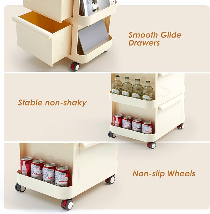 2-Tier Rolling Cart with Drawers - Mobile Storage Rolling Cart with Open Shelves, Lockable Casters, Multi-functional storage for Kitchen, Bathroom, Craft, Bedroom, Beige