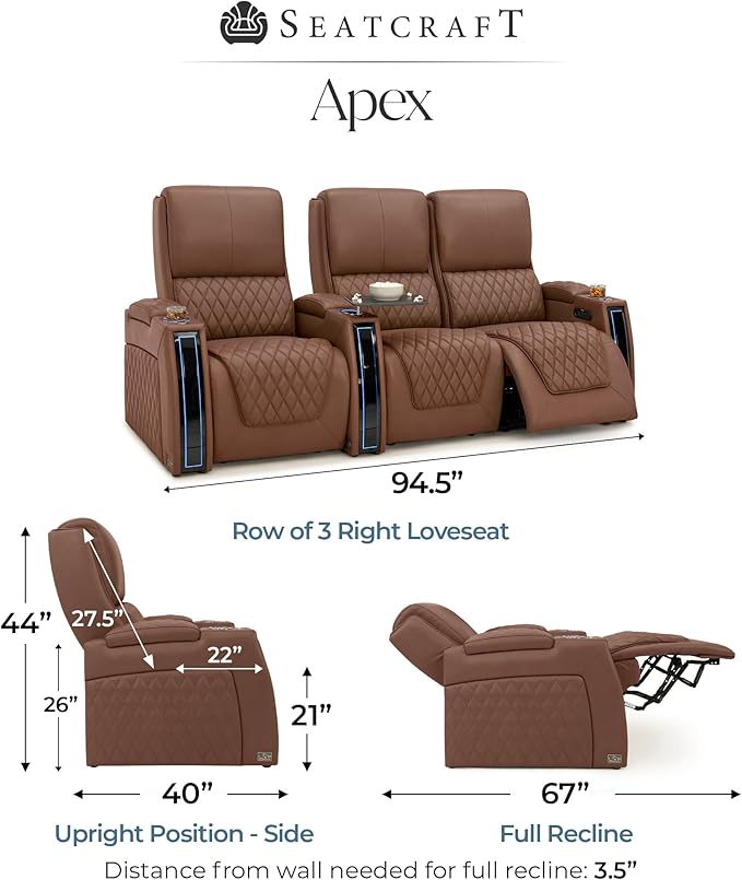 Seatcraft Apex Zero-Gravity CoolZero Italian Leather Home Theater Seating, Powered Headrest, Powered Lumbar, Powered Recline, Row of 3 Right Loveseat, Tobacco