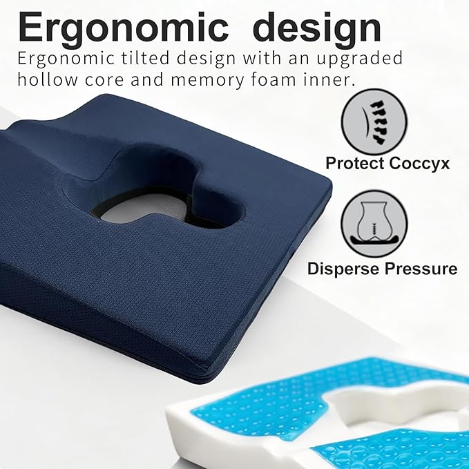 Gel Wheelchair Seat Cushion,Bed Sore Cushions for Butt,Chair Pressure Sore Cushion,Memory Foam Butt Pillow for Bed,Pressure Ulcer Pain Relief, Sciatica,Coccyx, Non-Slip Washable Cover(Blue)