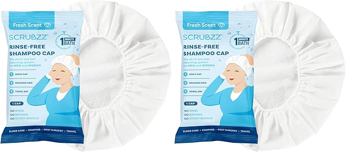 Scrubzz Shampoo Cap No Rinse for Elderly and Bedridden Patients, Rinse Free Shampoo Cap for Post Surgery and Hospital Stays, Waterless Hair Washing Shower Caps - 2 Pack