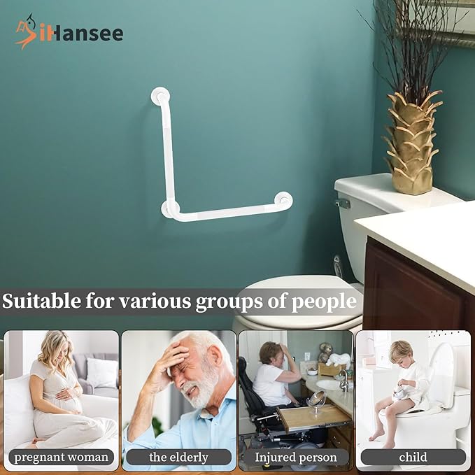 Angled Grab Bar - 16x16 Inch Stainless Steel Knurled Toilet Handles Wall Mounted Bathroom Handicap Safety Rails for Elderly Injured Balance Support, L-Shaped White Grab Bar for Shower