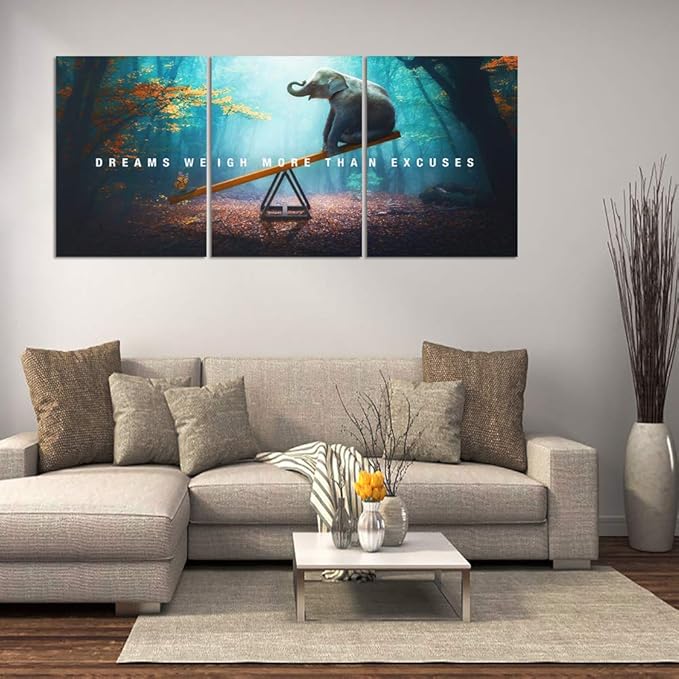 Unbruvo Elephant Wall Art for Office, Motivational Inspirational Canvas Wall Art, 3 Pieces Elephant Painting Prints Wall Decor for Living Room Bedroom Classroom Dorm(48”Wx24”H)