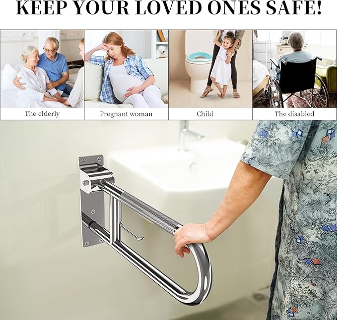 Toilet Grab Bar 22.4 Inch, YuanDe Flip Up Grab Bar with Paper Holder, Polished Chrome Anti-Slip Safety Bars for Toilet, Stainless Steel Knurled Toilet Handles for Seniors Disabled Elderly Pregnant