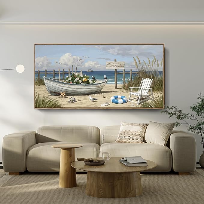 amatop Coastal Farmhouse Wall Art – Large Framed Modern Beach & Ocean Landscape Canvas Print, Nautical Elements for Living Room, Bedroom & Office Decor (58×29 Inch)
