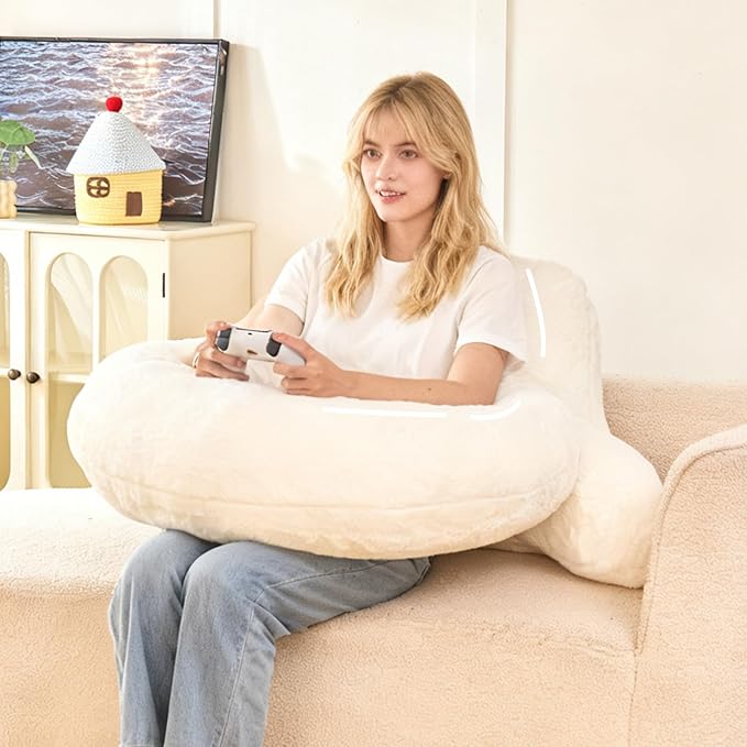 Reading Pillow for Bed,U Shaped & Back Support Pillow for Bed,17" Backrest with Lumbar & Arm Support,Luxurious Faux Rabbit Fur,Gaming PillowFor Crochet/Reading/Watching TV,White