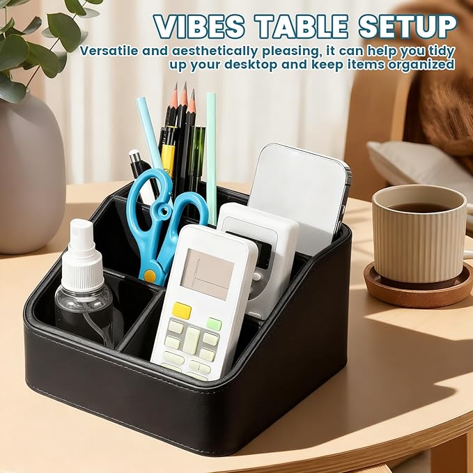 PU Remote Control Holder, Small Desk Organizer Office Supply Bedside Caddy for Nightstand End Table Remote Organizer with 3/4 Compartment (Black)(4 grids)