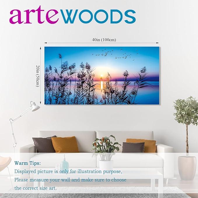 arteWOODS Sunset Lake Canvas Wall Art - Nature Pictures for Home Decor Reed Birds Sunlight Canvas Painting Blue Sky Lake Scene Print Artwork for Living Room Bedroom Office Wall Decoration 20" x 40"