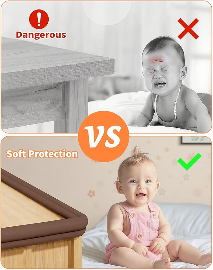 Edge Protector for Baby Proofing, 6.6FT 0.67’’Th L-Shape Air Buffering Soft NBR Rubber Foam Furniture Edge Bumper Guards with 6 Corners, Pre-Taped, Thick Table Bumper Guard for Babies (Coffee)