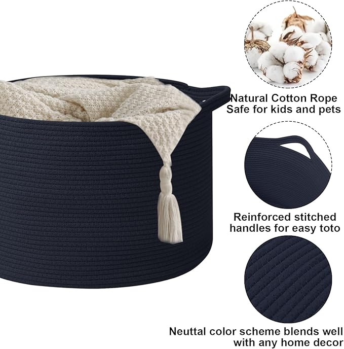Large Storage Basket with Handle,19.7" L x 19.7" W x 13" H Blanket Basket Storage Bins for Organizing,65L Cotton Rope Woven Baskets for Living Room, Nursery ,Bedroom,Navy