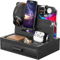melafa365 Bamboo Nightstand Organizer for Men, Phone Docking Station with Cable Management, Drawer, Bedside Organizer for Watches, Keys, Wallets, Black