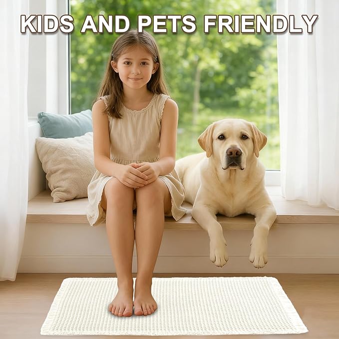 Hiasan Waffle Bath Mat, Super Absorbent Non Slip Bathroom Boho Rug with Tassels, Machine Washable Bath Mats for Bathroom, Ultra Soft Rubber Backed Rug, White, 24 x 60 Inches