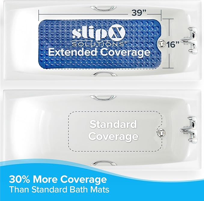 SlipX Solutions Power Grip Extra Long Bath Tub & Shower Mat 39x16, Wet Floor Non-Slip for Elderly & Kids Bathroom, 30% Longer Bathtub Mats, 200 Suction Cups, Drain Holes (1, Navy)