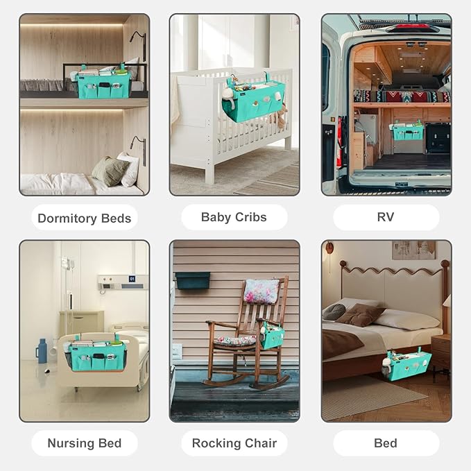 Surblue Bedside Organizer with Hook Hanging Storage Bag with Adjustable Strap and Water Bottle Holder for Home, College Dorm, Hospital Accessories, Crib Bed Rail, Green, 2PCS