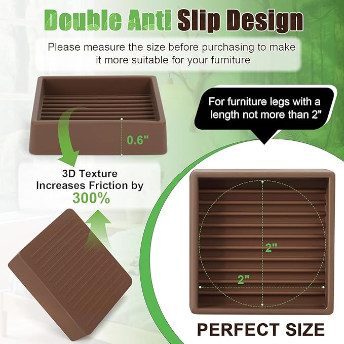 xxxHOLIC Non Slip Furniture Pads, 2” x 2” Brown Square, Set of 4, Anti Skid Furniture Feet Coasters, Rubber Grippers for Hardwood Floors, Bed Couch Stoppers to Prevent Sliding and Floor Scratches