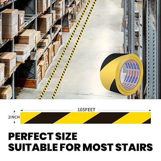 ADHES Black & Yellow Hazard Warning Safety Tape, 2 Inch x 35 Yards x 2 Rolls High Visibility Wear Resistant Floor Marking Caution Tape for Indoor & Outdoor, Gym, Factory, Parking, School and More