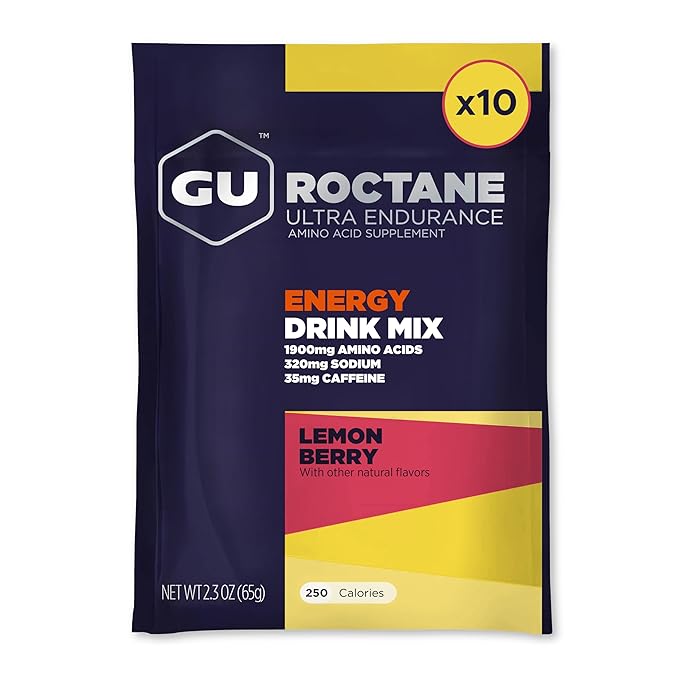 GU Energy Roctane Ultra Endurance Energy Drink Mix, Vegan, Gluten-Free, Kosher, Caffeine-Free, and Dairy-Free n-the-Go Energy for Any Workout, 10 Single-Serving Packets, Lemon Berry