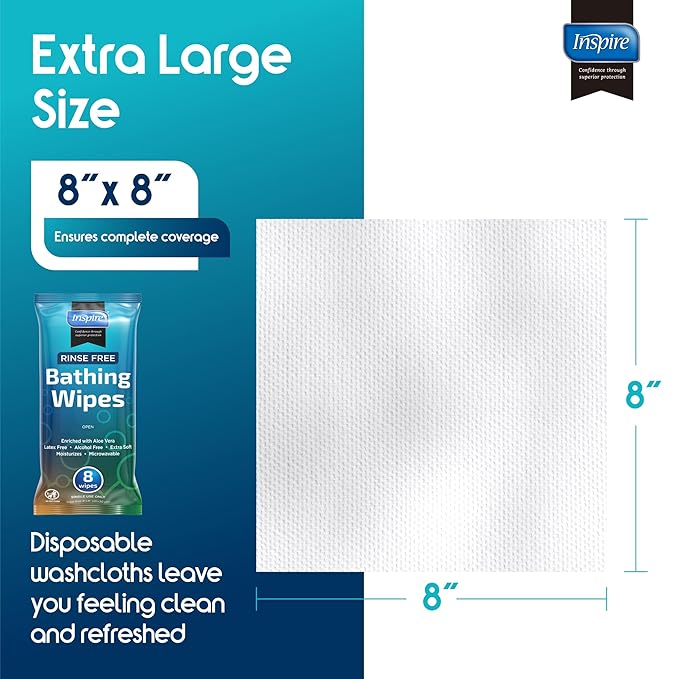 Body Wipes for adults bathing no rinse | Adult Wash Cloths Extra Large, Bathing Wipes for Incontinence With Aloe Vera, 8"x 8" In (96 count) | By Inspire
