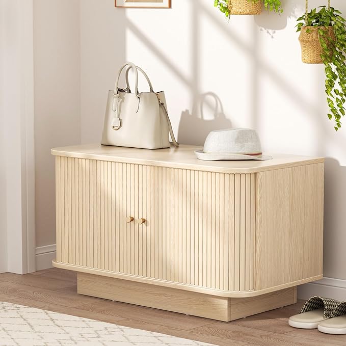 Fluted Shoe Storage Bench, 31" W Small Entryway Bench with Sliding Door, Mud Room Benches with Seat, Upholstered Wooden Rack Organization for Living Room, Apartment, Dorm, Oak, Natural