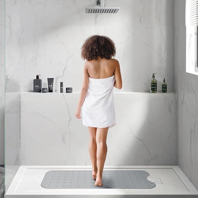 Extra Long Rubber Bathtub Mat, Non-Slip Shower Tub Mat, 39x16 Inch, Bath Tub Floor Mat with Suction Cups and Drainage Holes, Grey