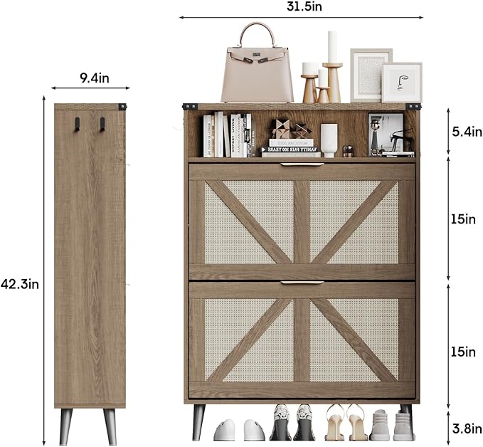 Shoe Cabinet with 2 Flip Drawers & Open Storage,Farmhouse Shoe Storage Cabinet for Entryway,Freestanding Narrow Organizer Rack with Legs,Foyer,Hallway,Rustic Oak Rattan