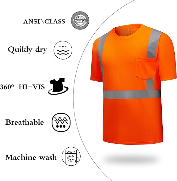 High Visibility Shirts Quick Dry Safety T Shirts with Reflective Strips and Pocket Short Sleeve Mesh Hi Vis Construction Work Class 2 Shirt for Men/Women Orange,XL