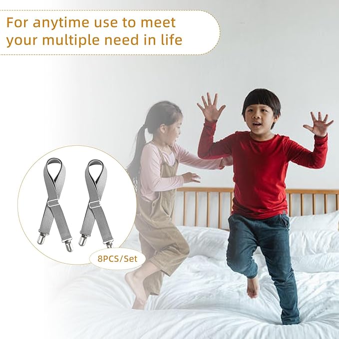 8Pcs Adjustable Bed Sheet Straps Clips, Elastic Mattress Sheet Fasteners Holder and Suspenders, Grippers to Hold Sheet, Mattress, Sofa, Couch, Table Cloth, Ironing Board Cover(Grey)