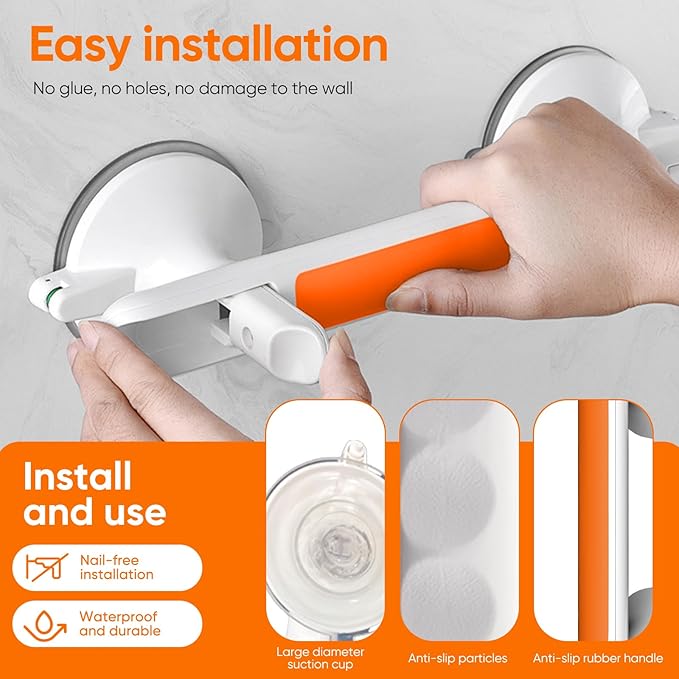 Showers Bathtubs Grab Bars, Slip Grip Handrails, Heavy Duty Anti Slip Grip, Removable Safety Rail, Cup Handle with Pressure Indicator, No Drill Installation, Safety Support (Orange)