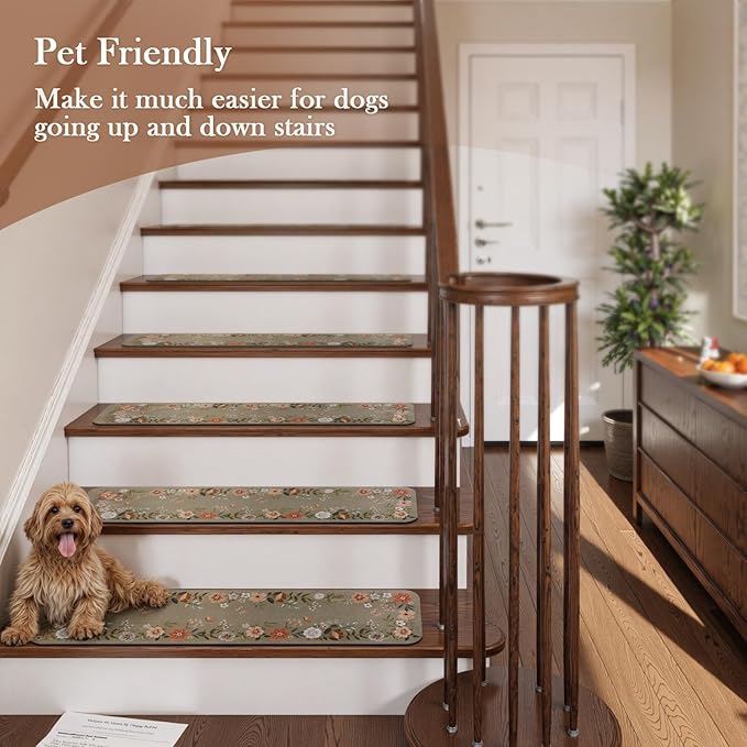 OJIA Floral Stair Treads Non-Slip Stair Runners for Wooden Steps Indoor 15PCS 30"x8" Carpet Stair Treads Mats Staircase Step Treads for Kids, Elders and Dogs, Stair Covers, Brown