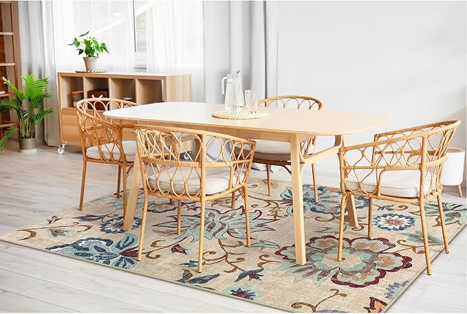 Beeiva Floral 5x7 Living Room Rugs, Non Slip Vintage Washable Beige Rug for Living Room, Paisley Bedroom Carpet with Rubber Backing Ultra Thin Carpet for Dining Room Office