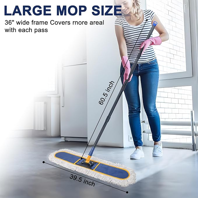 KeFanta 36" Commercial Dust Mops for Floor Cleaning,Industrial Dry Mop with Heavy Duty Long Handle,Large Cotton Reusable Mop Head,for Hardwood,Tile,Concrete,Laminate,Garage Floors(Blue)