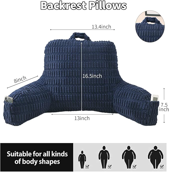 Reading Pillow for Sitting in Bed, Large Backrest Reading Pillow with Arm Rest,Back-Rest Support Cushion for Sit Up on Couch, Sofa, and Floor, Dorm Essentials (Dark Blue Corduroy, Standard(17"))