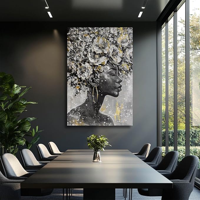 MLART99 Large Gold Flowers Painting for Office African American Black Woman Portraits for Bedroom 32"x 48" Posters for Room Aesthetic Grey Wall Hanging Decor for Living Room