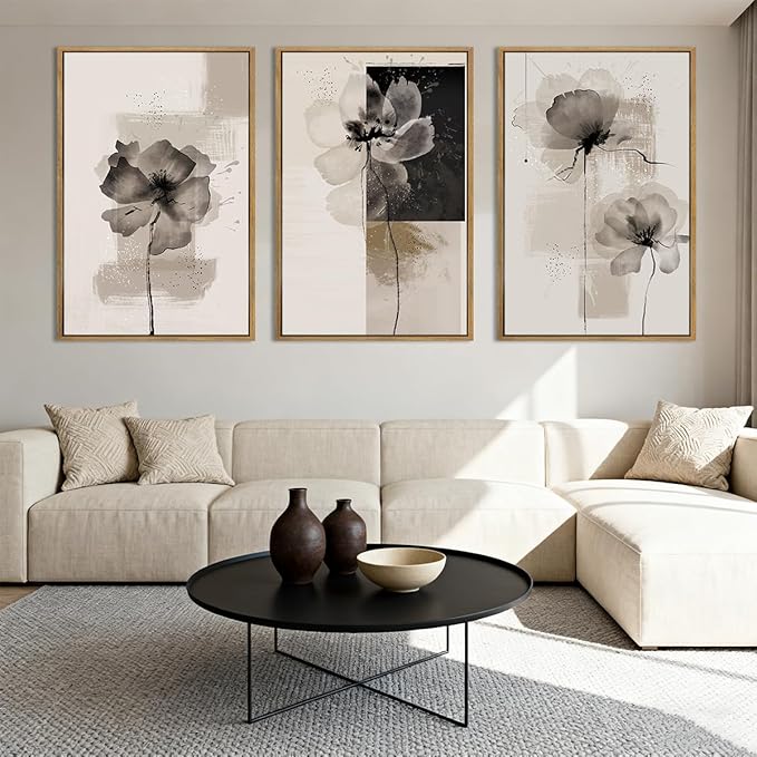 IARTTOP Extra Large Black Neutral Framed Wall Art 24x36 Inch Beige Tan Abstract Floral Canvas Wall Decor Set of 3 Minimalist Modern White Flower Art Prints for Living room Bedroom