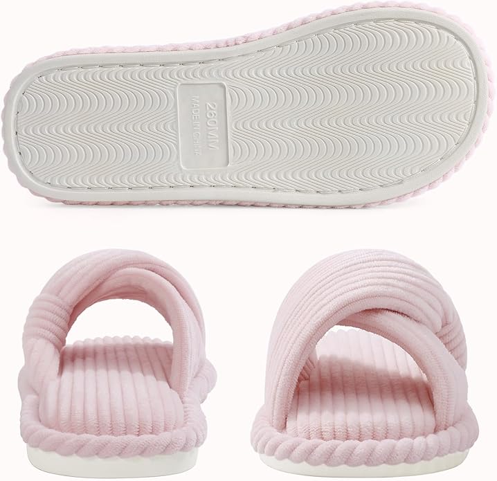 Evshine Fall House Slippers for Women Corduroy Cross Bow Indoor Slippers Open Toe Slip On Bedroom Shoes with Memory Foam