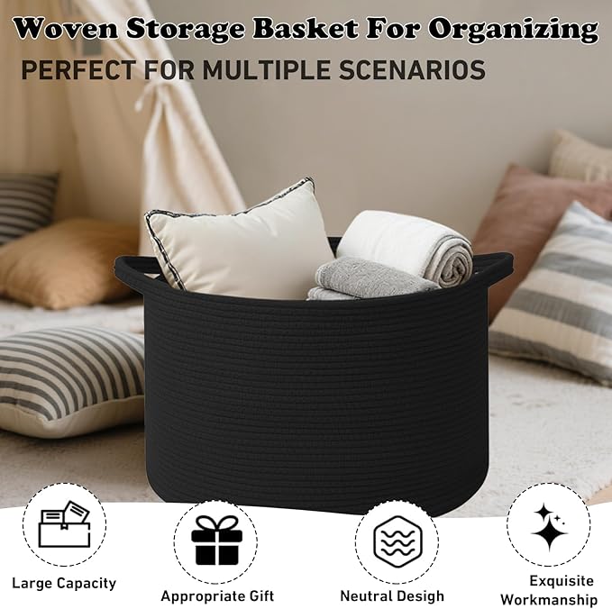 Large Storage Basket with Handle,23.6" x 23.6" x 15.7" Blanket Basket Storage Bins for Organizing,65L Cotton Rope Woven Baskets for Living Room, Nursery,Bedroom,Black