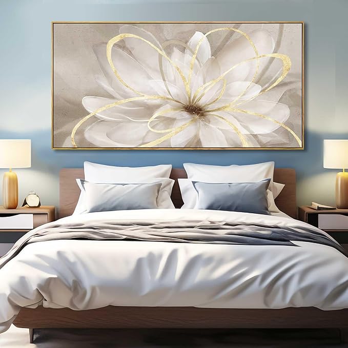SOUGUAN Room Decor Large Canvas Wall Art Living Room Decor Gold Wall Decor Line Picture Artwork White Floral Wall Decor Modern Painting for Bathroom Bedroom Office 30x60 Inches