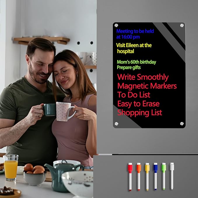9"X13" Black Acrylic Magnetic Dry Erase Board for Refrigerator,Magnetic Dry Erase Board for Fridge,Acrylic Board for Fridge Includes 6 Colors Markers