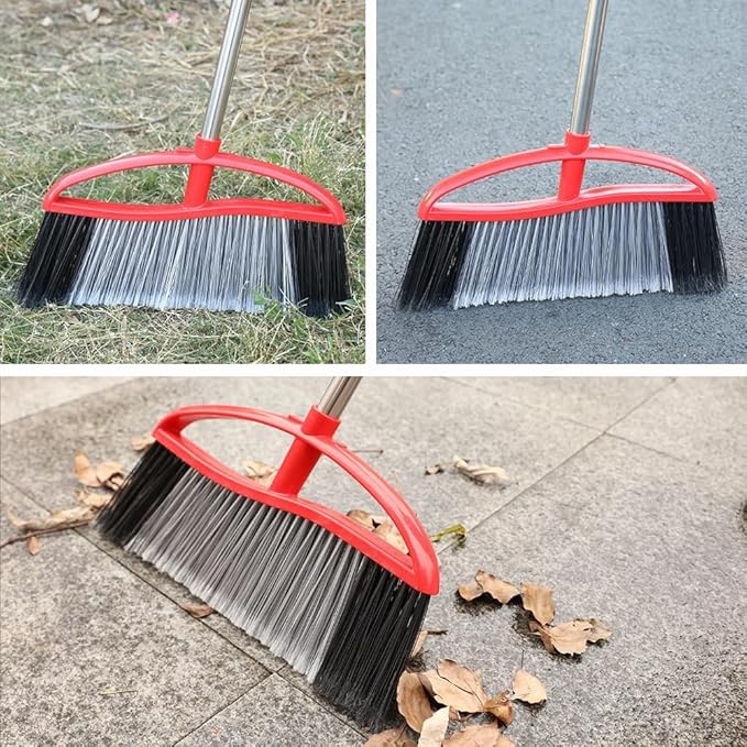 2-Pack Outdoor Heavy Duty Broom Set, 15.7" Wide Angle All-Terrain Sweepers with Long Adjustable Handle & Stiff Bristles for Patio, Garage, Yard, Garden (Black&Red)