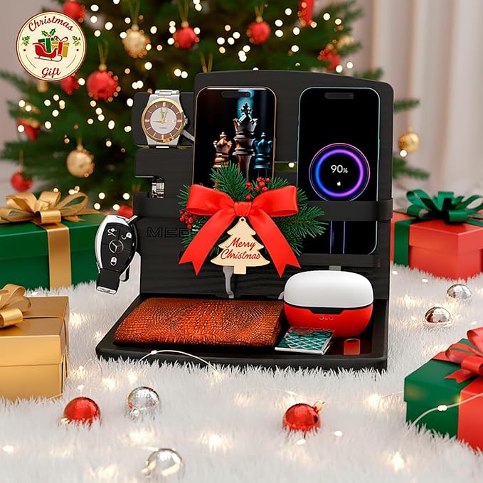 MED Wood Phone Docking Station – Nightstand Desk Organizer for Phone, Watch, Wallet & Tablet – Gift for Men, Husband, Dad & Women – Wooden Charging Stand (Black, Model 1)