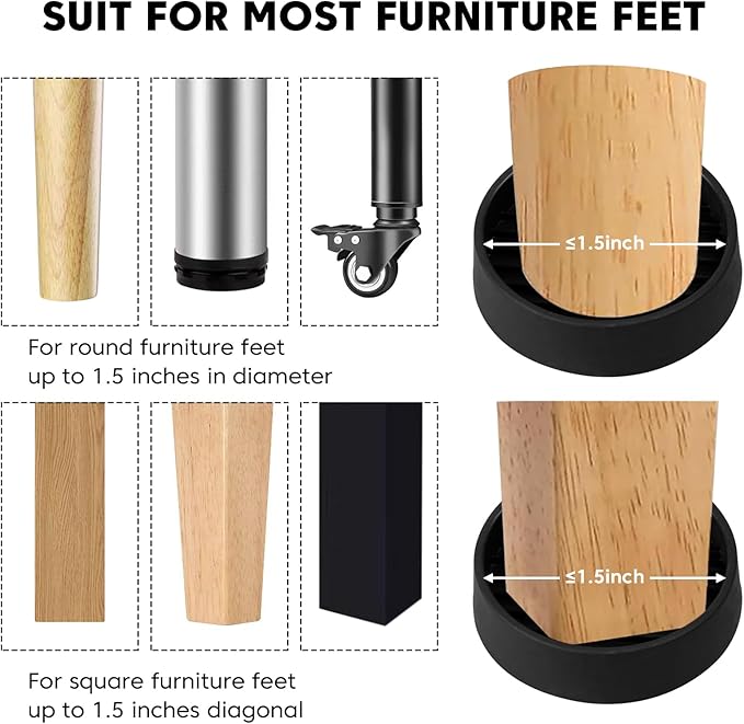 1.5" x 1.5" Rubber Furniture Pads Non Slips - 8 PCS Chair Protectors for Wooden Floors, Rubber Feet Chair Leg Floor Protectors for Bed Sofa Table and Chair Stopper (Black, Round)