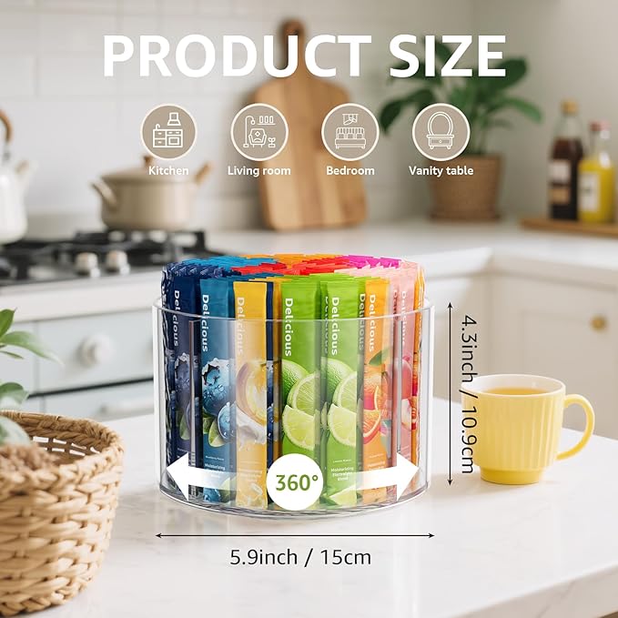 2-Pack Rotating Drink Mix Organizer, Spinning Drink Packet Holder, Clear Lazy Susan Turntable for Powdered Mixes, Divided Drink Storage Organizer