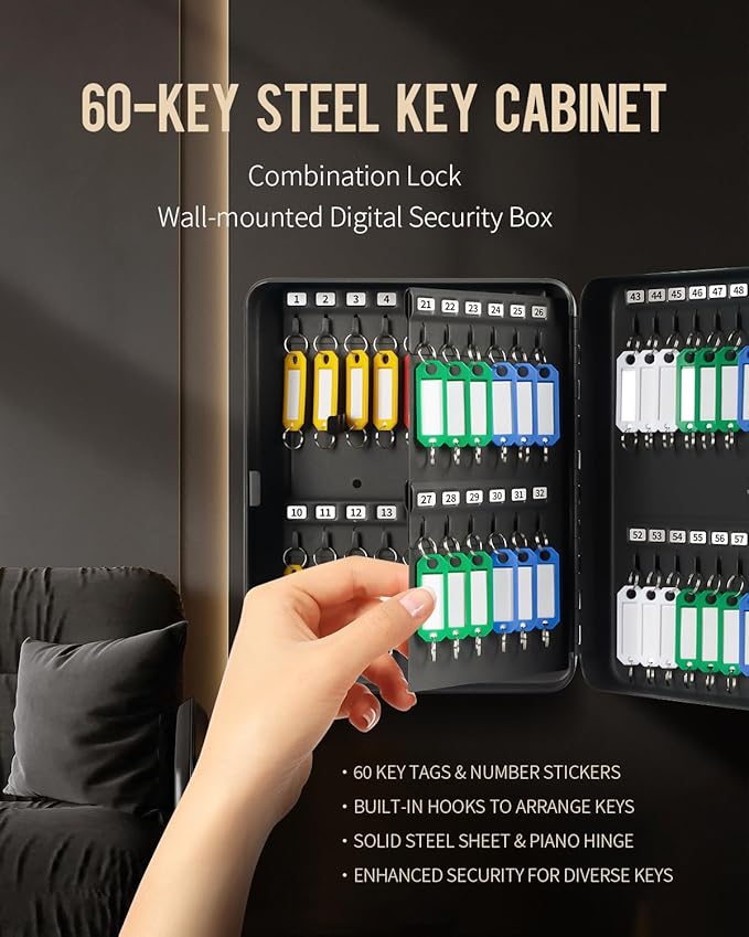 Uniclife 60 Position Key Cabinet with Combination Lock Resettable Black Digital Security Storage Box Steel Key Organizer with Colorful Large Key Tag Labels Stickers and Hooks