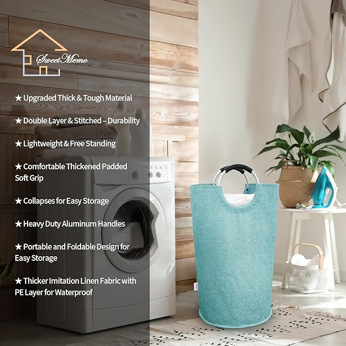 Small Laundry Hamper Bag Collapsible, Tall Laundry Basket with Durable Handles, Dirty Clothes Hampers for Bedroom, College Dorm, Girls, Women, Heavy Duty, Double Layer 82L - Light Blue