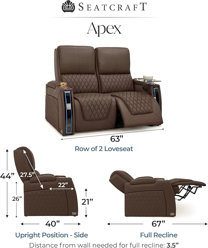 Seatcraft Apex Zero-Gravity CoolZero Italian Leather Home Theater Seating, Powered Headrest, Powered Lumbar, Powered Recline, Row of 2 Loveseat, Brown