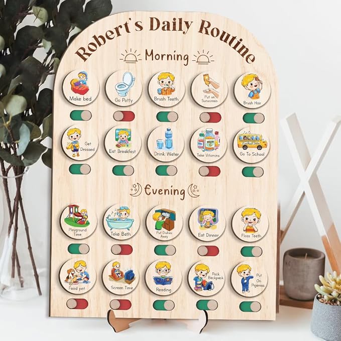 Personalized Wooden Daily Routine Chart 11x17", Visual Schedule, Routine Chart for Toddlers, Morning Bedtime Routine Chart for Toddlers (05)