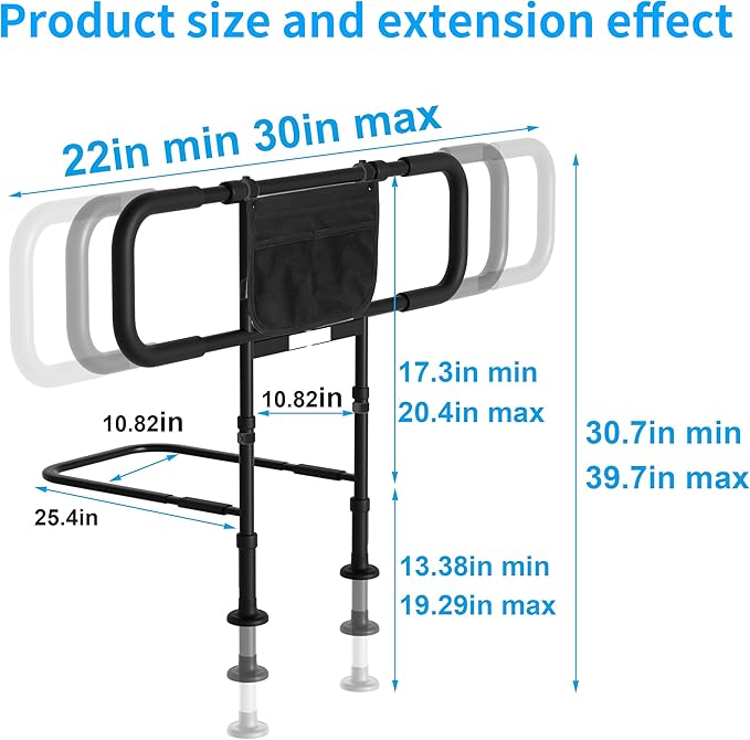 Bed Rails for Elderly Adults Safety - Adjustable Bed Side Rails with Support Leg, Bed Cane with Storage Bag and Motion Sensor Light, Fits Queen, King, Twin, Full, Supports up to 400lbs