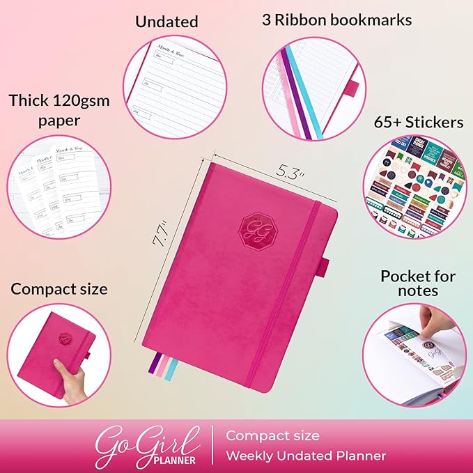 GoGirl Planner and Organizer for Women – Compact Size Weekly Planner, Goals Journal & Agenda to Improve Time Management, Productivity & Live Happier. Undated – Start Anytime, Lasts 1 Year – Hot Pink